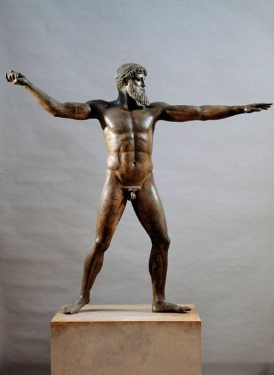 Græsk kunst: bronzestatue kaldet guden for Cape Artemision tilskrevet billedhuggeren Kalamis (5. århundrede f.Kr.), 460 f.Kr., Dim. 209 cm - Athen, Nationalt Arkæologisk Museum (inv. 15161) - Græsk civilisation: statue (ofte kaldet Gud fra havet) af Zeus e af (attr. to) Kalamis