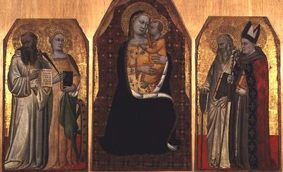 Triptykon: Madonna og barn flankeret af fire helgener (tempera på panel) af (attr to) Puccio di Simone