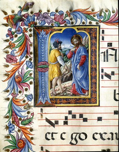 Decoree letrine, der skildrer Kristi fristelse Miniature af Liberale da Verona (1445-1529) fra et kor (Cod. 20/5. c.45v) fra katedralen i Siena. Cathedrale (Duomo) i Siena fra det 15. århundrede, Italien af (c.1445 1527) Liberale da Verona