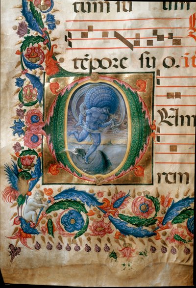 Lettrine med repræsentation af Aeolus, vindens vogter. (Miniature af (c.1445 1527) Liberale da Verona