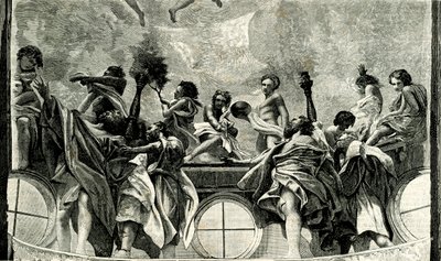 Mariä Himmelfahrt, Detail aus Fresko von Correggio (1489-1534), Kuppel der Kathedrale von Parma, Emilia Romagna, Italien, Holzschnitt aus 