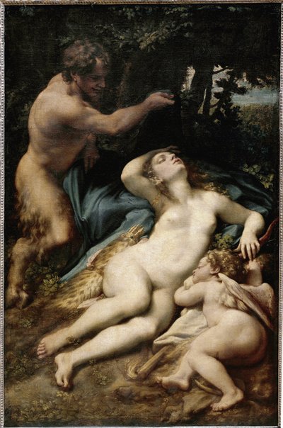 Jupiter og Antiope (eller Venus med amor og en satyr) (olie på lærred af (c.1489 1534) Correggio