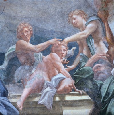 Unge på balkonen, af Antonio Allegri Da Correggio (1489-1534) Detalje af fresker i kupolen i Parma-katedralen, Italien af (c.1489 1534) Correggio