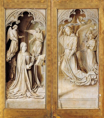 Bebudelse i grisaille (monokromatisk grå), udvendige vinger af triptykonaltertavle (ca. 1489-1502) af Master of Moulins, i katedralen Notre-Dame, Moulins, Frankrig. af (fl.c.1483 c.1529) Master of Moulins