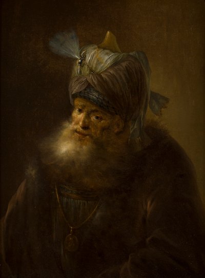 Portræt af en mand i en turban (olie på lærred) af (follower of) Rembrandt Harmensz. van Rijn