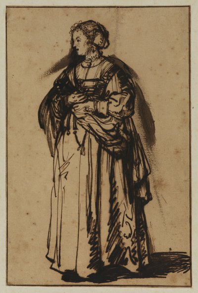 Kunstnerens kone, Saskia, står og holder blomster i hænderne af (workshop of) Rembrandt Harmensz. van Rijn