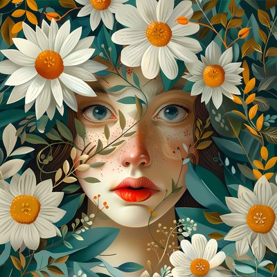 Smukt kvindeansigt omgivet af valmueblomster, vægdekoration, indrammede kunsttryk af F. Abderrahim