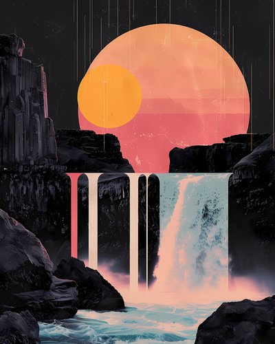 Minimalistisk vandfald i rød solnedgang, indrammede plakater, online kunsttryk på lærred af F. Abderrahim