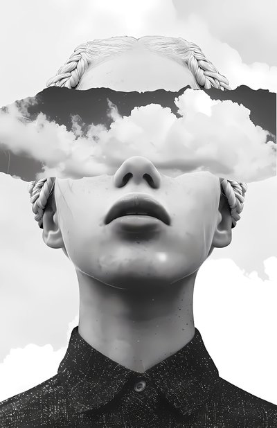 Papir collage kunst, sky og abstrakt kvinde portræt, online lærred kunst print af F. Abderrahim