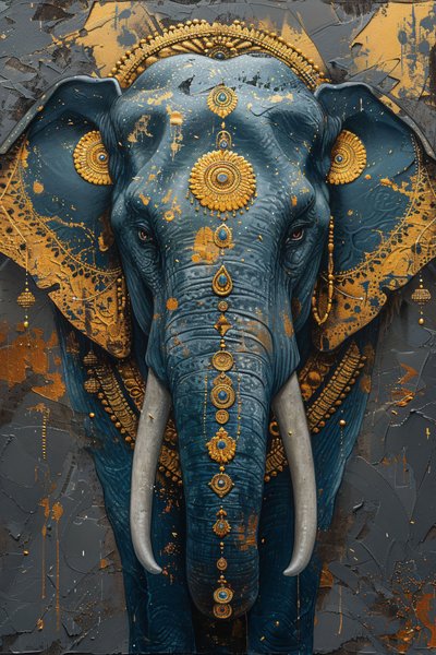 Abstrakt maleri majestætisk blå indisk elefant til moderne vægkunstprint dekoration af F. Abderrahim