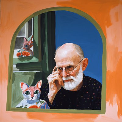 Cat  An artist looking in a mirror, moderne lærredstryk og vægkunst af F. Abderrahim