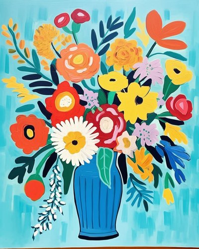Matisse-inspirerede blomster i en vase | blomsterkunsttryk til vægdekoration af F. Abderrahim