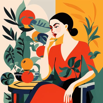Maleri i Matisse-stil piger i stol | online indrammede vægbilleder af F. Abderrahim