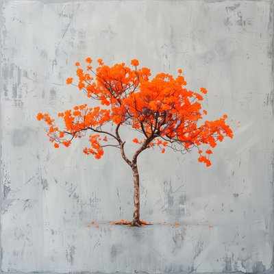 Minimalistisk maleri: Orange blad og grå baggrund; vægbilleder af F. Abderrahim