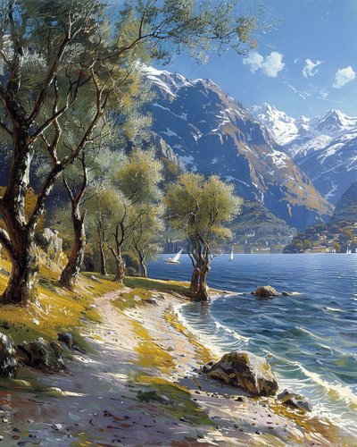 Bjerg- og skovlandskab med en stille sø, online kunsttryk af F. Abderrahim