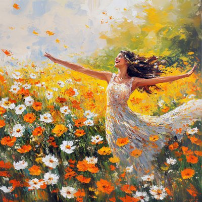 Kvinde smiler og danser på en blomstereng af F. Abderrahim