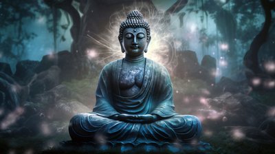 Buddha sidder i fredfyldt meditation, et spirituelt buddhistisk lærred, indrammede vægbilleder af F. Abderrahim
