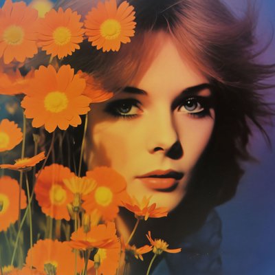 vintage kvindeportræt og blomster, A Retro Floral Vision, online kunsttryk af F. Abderrahim
