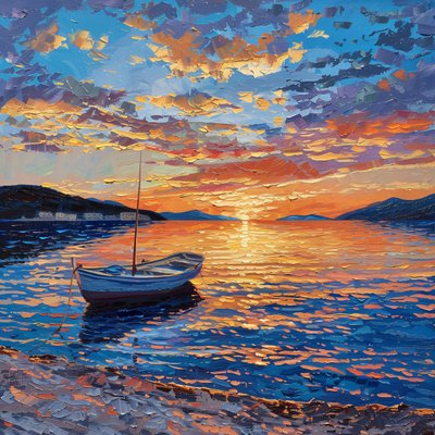 Båd på flod ved solnedgang Smuk, Dalmatien, Kroatien Olie på lærred, Vægdekoration til salg af F. Abderrahim