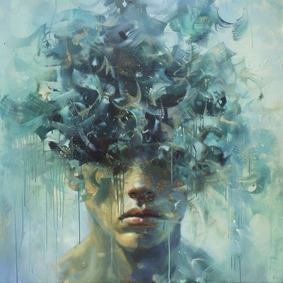 Mand udtrykker dyb sorg, psykologi kunstmaleri, impressinist, online print lærred af F. Abderrahim