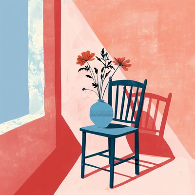 plante, stol og keramikvase, boheme-stil, moderne vægdekoration | print on demand af F. Abderrahim