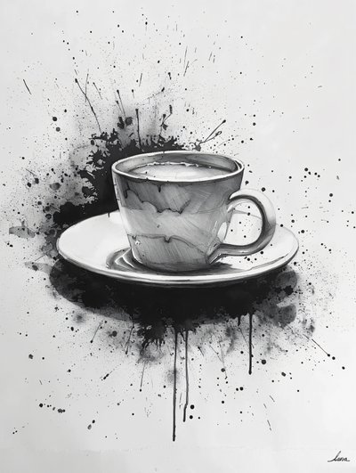 Minimalistisk Noir-scene med en enkelt linje og kaffepletter, online kunsttryk af F. Abderrahim