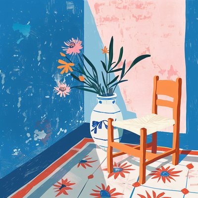 Planter og mexicansk stol med keramikvase, minimalistisk lærredskunst af F. Abderrahim