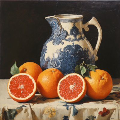Stilleben Orange, Oliemaleri, brugerdefinerede lærredstryk online af F. Abderrahim
