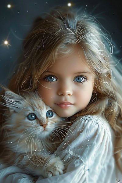 The Girl and Her Cat A Bond of Big Blue Eyes and Love, ramme vægdekoration tryk af F. Abderrahim