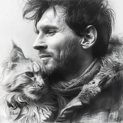 Kat med fodboldspiller Messi, moderne vægdekoration | print on demand af F. Abderrahim