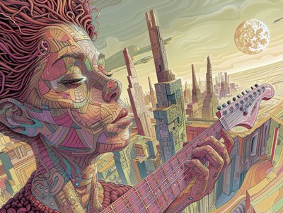 Ung mand spiller musik i en surrealistisk futuristisk scene, vægdekoration med ramme af F. Abderrahim