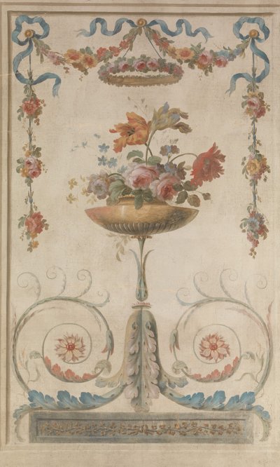 Vase med blomster hvilende på bladruller, 1770-90. af 18th century . French Painter