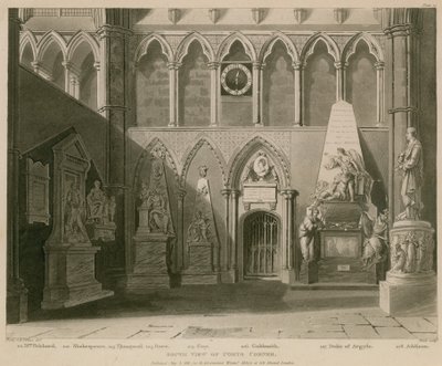 Sydlig udsigt over Poets Corner, Westminster Abbey, London af A.C. and Villiers, H. Pugin