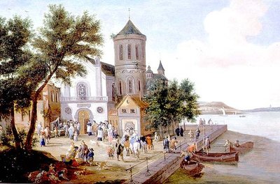 Kystlandskab med figurer på en kirkeplads af A.F. and Bouts P. Boudewyns