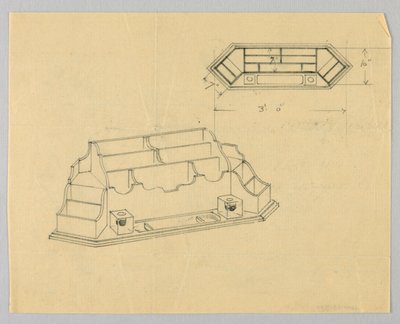 Design til skrivebordsarrangør i plan og elevation af A.N. Davenport Co.