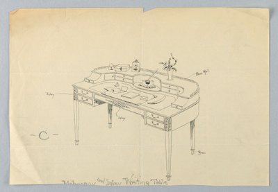 Design til halvcirkulært skrivebord "C" med messingfødder og messingrækværk af A.N. Davenport Co.