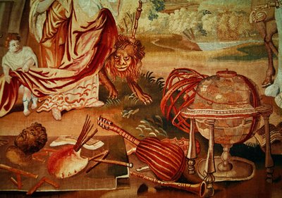 Europa, fra et gobelin med verdens fire verdenshjørner, detalje af musikinstrumenterne nederst til højre, begyndelsen af det 18. århundrede af A. Baertams