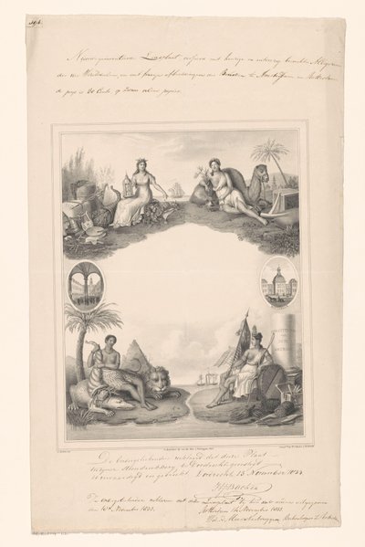 Design til en titelside med personifikationer af fire kontinenter af A. Bakker