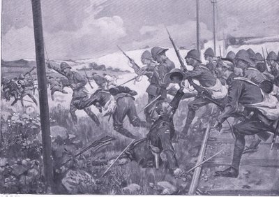 Anklagen for de skotske fusiliers i Fredrikstad, illustration fra After Pretoria: The Guerilla War, 1902 af A. C. Ball