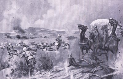 Angrebet på konvojen ved Buffelspoort, illustration fra After Pretoria: The Guerilla War, 1902 af A. C. Ball