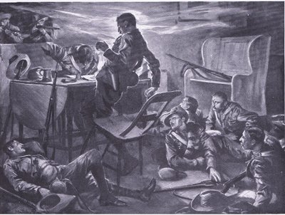 Drabet på to mænd fra Comptons Horse, mens de skrev breve hjem, illustration fra After Pretoria: The Guerilla War, 1902 af A. C. Ball