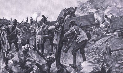 Ødelæggelsen af toget nær Taaibosch, fra After Pretoria: The Guerilla War udgivet af Harmsworth Bros Limited, 1901 af A. C. Ball