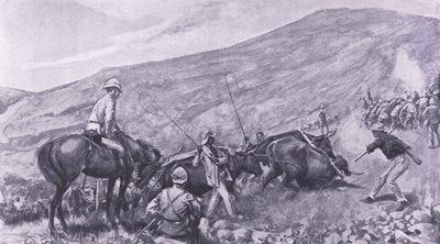 Transportvanskeligheder ved Barberton: Hvordan kanoner og vogne blev transporteret op ad bjergene, illustration fra Efter Pretoria: Guerillakrigen, 1902 af A. C. Ball