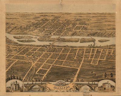 Udsigt i fugleperspektiv over Batavia, Kane County, Illinois, 1869. LOC 73693342 af A.; Chicago Lithographing Co. Ruger