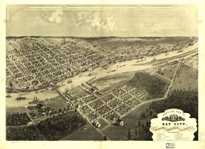 Fugleperspektiv af Bay City, Portsmouth, Wenona  Salzburg, Bay Co, Michigan 1867. LOC 73693424 af A.; Chicago Lithographing Co. Ruger