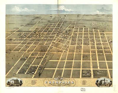 Udsigt i fugleperspektiv over byen Champaign, Champaign County, Illinois 1869. LOC 73693348 af A.; Chicago Lithographing Co. Ruger