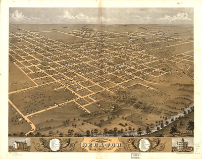 Fugleperspektiv af byen Decatur, Macon Co, Illinois 1869. LOC 73693354 af A.; Chicago Lithographing Co. Ruger