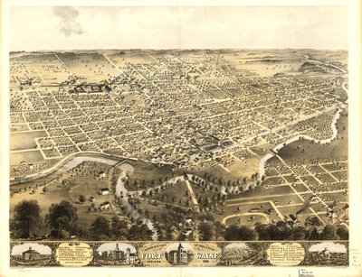 Udsigt i fugleperspektiv over byen Fort Wayne, Indiana 1868. LOC 73693381 af A.; Chicago Lithographing Co. Ruger