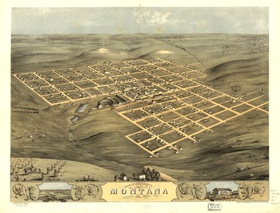Fugleperspektiv af byen Montana, Boone Co, Iowa 1868. LOC 73693404 af A.; Chicago Lithographing Co. Ruger