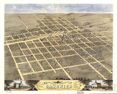 Udsigt i fugleperspektiv over byen Sandwich, De Kalb County, Illinois 1869. LOC 73693372 af A.; Chicago Lithographing Co. Ruger